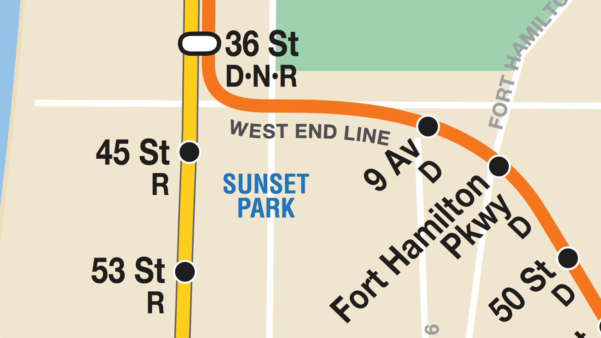 Sunset Park, as imagined by the NYC Subway Map. Missing: Sunset Park itself